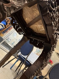 Two finely carved Chinese marble-topped hongmu stands, 19th C.