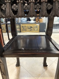 Two Chinese marble-topped hongmu two-tier square stands, 19/20th C.