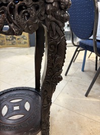 Two finely carved Chinese marble-topped hongmu stands, 19th C.
