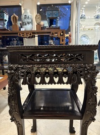 Two Chinese marble-topped hongmu two-tier square stands, 19/20th C.