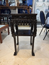 Two Chinese marble-topped hongmu two-tier square stands, 19/20th C.