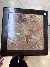Two Chinese marble-topped hongmu two-tier square stands, 19/20th C.