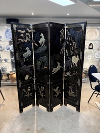 A Chinese precious-stone-inset gilt-lacquered four-panel 'Ba Jun Tu 八骏图' folding screen, 20th C.