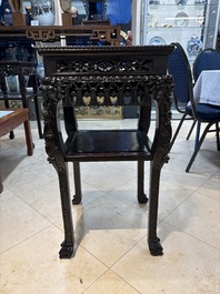 Two Chinese marble-topped hongmu two-tier square stands, 19/20th C.