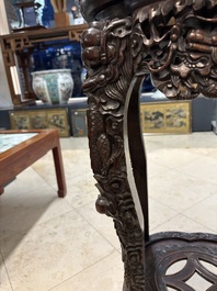 Two finely carved Chinese marble-topped hongmu stands, 19th C.