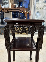 Two Chinese marble-topped hongmu two-tier square stands, 19/20th C.