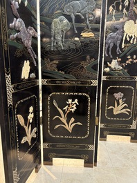 A Chinese precious-stone-inset gilt-lacquered four-panel 'Ba Jun Tu 八骏图' folding screen, 20th C.