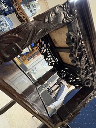 Two Chinese marble-topped hongmu two-tier square stands, 19/20th C.