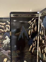 A Chinese precious-stone-inset gilt-lacquered four-panel 'Ba Jun Tu 八骏图' folding screen, 20th C.