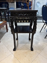 Two Chinese marble-topped hongmu two-tier square stands, 19/20th C.