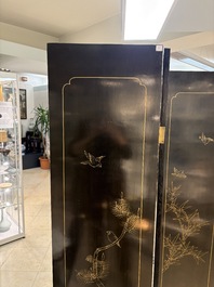 A Chinese precious-stone-inset gilt-lacquered four-panel 'Ba Jun Tu 八骏图' folding screen, 20th C.