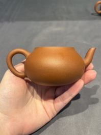 Three Chinese Yixing stoneware teapots, Chen Ziwen 陳子文 and Wen Cai 文彩 mark, Kangxi and later