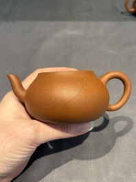 Three Chinese Yixing stoneware teapots, Chen Ziwen 陳子文 and Wen Cai 文彩 mark, Kangxi and later