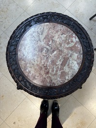 Two finely carved Chinese marble-topped hongmu stands, 19th C.