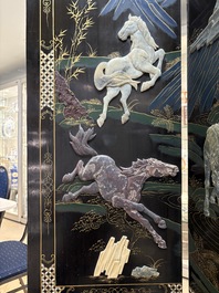 A Chinese precious-stone-inset gilt-lacquered four-panel 'Ba Jun Tu 八骏图' folding screen, 20th C.