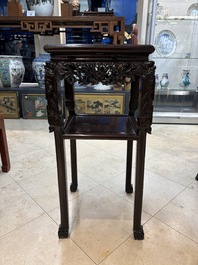 Two Chinese marble-topped hongmu two-tier square stands, 19/20th C.