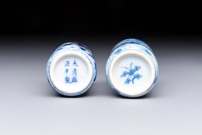 Two Chinese blue, white and copper-red snuff bottles with narrative design, Yongzheng and flower mark, 19th C.
