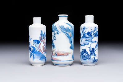 Three Chinese blue, white and copper-red snuff bottles with narrative design, 19th C.