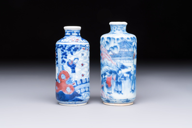Two Chinese blue, white and copper-red snuff bottles with narrative design, Yongzheng and flower mark, 19th C.