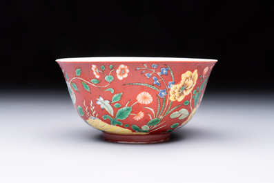 A Chinese falancai ruby-ground bowl, Yongzheng mark, 18/19th C.