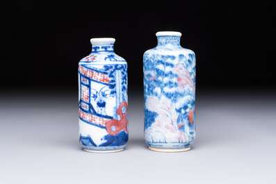Two Chinese blue, white and copper-red snuff bottles with narrative design, Yongzheng and flower mark, 19th C.