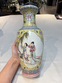 Seven Chinese famille rose vases, a scroll jar and a jardini&egrave;re on a stand, Qianlong marks, 20th C.