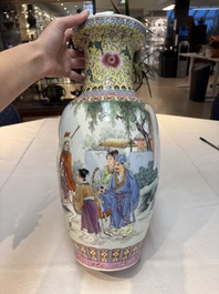 Seven Chinese famille rose vases, a scroll jar and a jardini&egrave;re on a stand, Qianlong marks, 20th C.