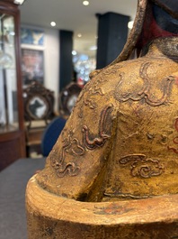 A large Chinese gilt-lacquered and polychrome wooden figure of Guandi, 19th C.