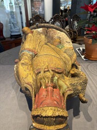 A large Chinese gilt-lacquered and polychrome wooden figure of Guandi, 19th C.