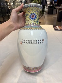 Seven Chinese famille rose vases, a scroll jar and a jardini&egrave;re on a stand, Qianlong marks, 20th C.