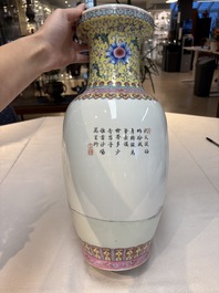 Seven Chinese famille rose vases, a scroll jar and a jardini&egrave;re on a stand, Qianlong marks, 20th C.