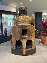 A large Chinese gilt-lacquered and polychrome wooden figure of Guandi, 19th C.