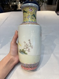 Seven Chinese famille rose vases, a scroll jar and a jardini&egrave;re on a stand, Qianlong marks, 20th C.