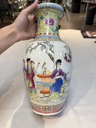 Seven Chinese famille rose vases, a scroll jar and a jardini&egrave;re on a stand, Qianlong marks, 20th C.