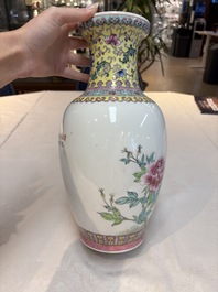 Seven Chinese famille rose vases, a scroll jar and a jardini&egrave;re on a stand, Qianlong marks, 20th C.