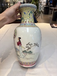 Seven Chinese famille rose vases, a scroll jar and a jardini&egrave;re on a stand, Qianlong marks, 20th C.