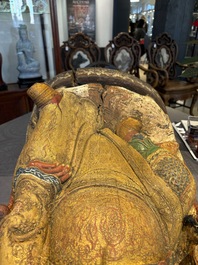 A large Chinese gilt-lacquered and polychrome wooden figure of Guandi, 19th C.
