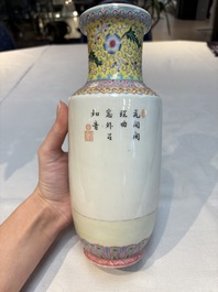 Seven Chinese famille rose vases, a scroll jar and a jardini&egrave;re on a stand, Qianlong marks, 20th C.