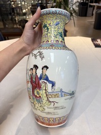 Seven Chinese famille rose vases, a scroll jar and a jardini&egrave;re on a stand, Qianlong marks, 20th C.