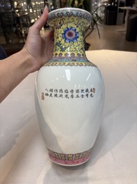 Seven Chinese famille rose vases, a scroll jar and a jardini&egrave;re on a stand, Qianlong marks, 20th C.