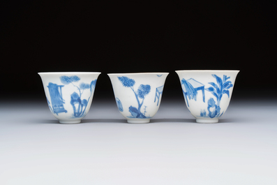 Three Chinese blue and white 'Erotic' wine cups, Yan Shui Yu Shi Zhi Zhen and Chenghua mark, Kangxi