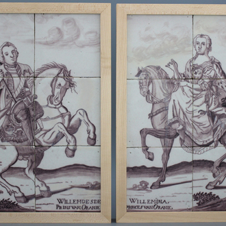 Paire de tableaux de carreaux en faîence de Delft, manganèse, portraits orangistes de Willem V et Wilhelmina à cheval, 18e