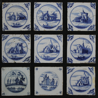 Lot de 19 carreaux en faïence de Delft, bleu et blanc, dessins différents, 17e et 18e