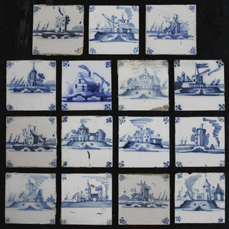 Lot de 27 carreaux en faïence de Delft, bleu et blanc, différentes scènes, 18e et 19e
