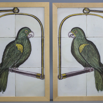 A pair of polychrome Dutch Delft tile panels with parrots, possibly Aalmis factory Rotterdam, 18th C.