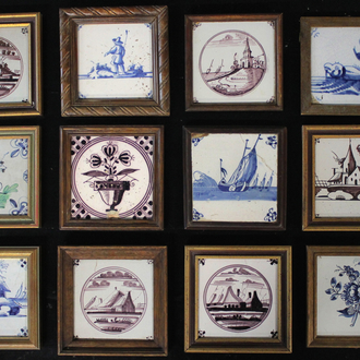 A set of 18 Dutch Delft tiles framed 18-20th C.