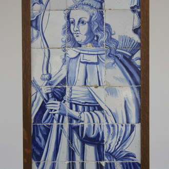 Tableau de 18 carreaux en faïence de Delft, décor bleu et blanc représentant Diane, la déesse de la chasse, 17e