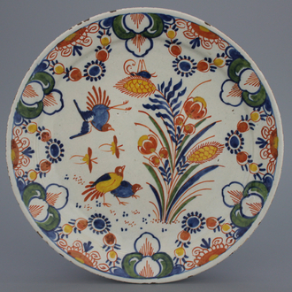 Plat en faïence de Delft, décor polychrome aux cailles, 17/18e