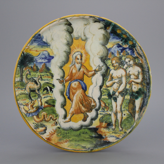 An Italian maiolica Urbino tazza ca. 1580 showing the expulsion from The Garden of Eden