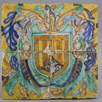 An armorial panel of 4 Seville tiles, ca. 1600